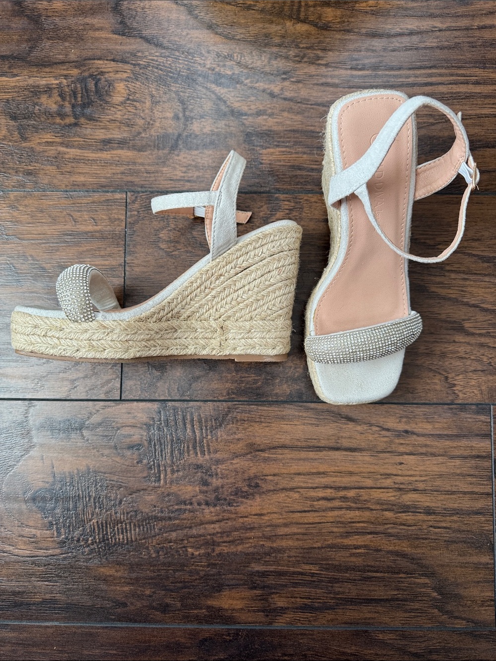 Wild Diva Beige Espadrille Wedge Sandals with Rhinestone Strap